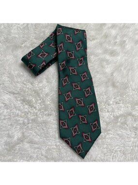 Vintage Christian Dior Monsieur Silk Tie Green Geometric Diamond Medallion 80 90